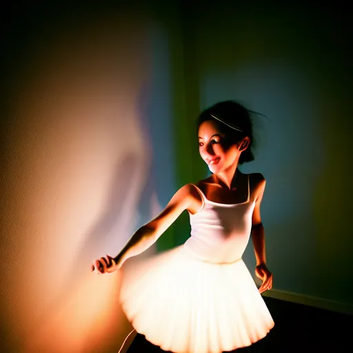 Image similar to cute girl wearing white dancing joyfully in her bedroom at night, dark atmospheric lighting, elegant, highly detailed, heavy grain, sharp focus, depth of field, radiant light, 8 k, hdr, beautiful composition, photographed by steve mccurry