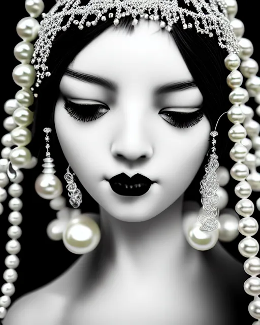 Prompt: black and white dreamy young beautiful veiled female artificial intelligence, realistic pearl ornament in the face, long hair are intricate with highly detailed realistic pearls, cinematic, rim light, bokeh, photo - realistic, elegant, high detail, 8 k, masterpiece, photo taken in 1 9 3 0