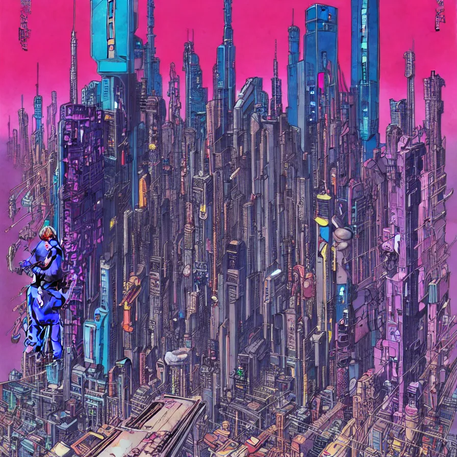 Image similar to ( ( ( ( cyberpunk city ) ) ) ) by mœbius!!!!!!!!!!!!!!!!!!!!!!!!!!!, overdetailed art, colorful, artistic record jacket design