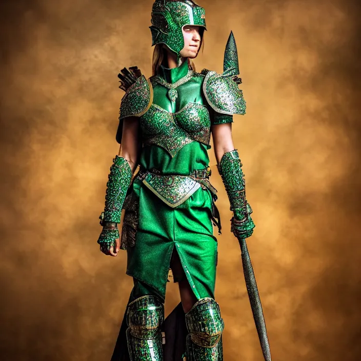 Prompt: full length photo of a beautiful warrior queen wearing emerald encrusted armour, highly detailed, 4 k, hdr, smooth, sharp focus, high resolution, award - winning photo