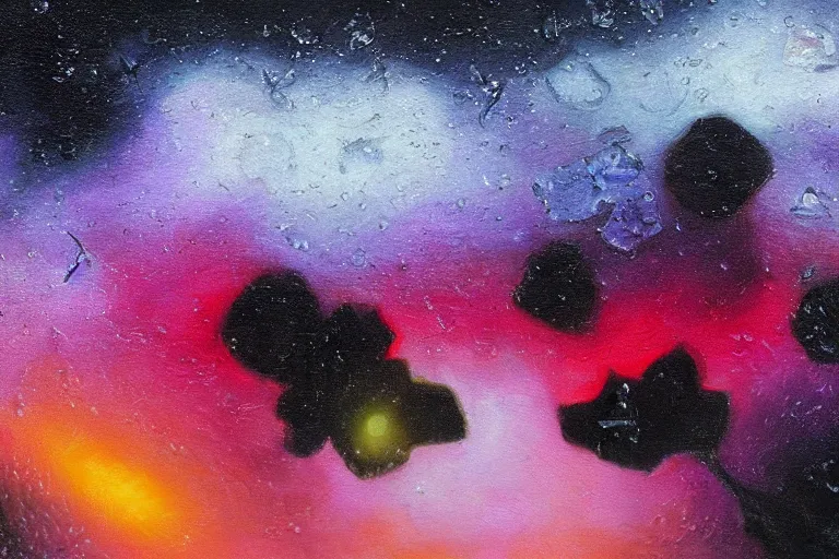 Image similar to hyperrealism oil painting, close - up ice cube with black flowers and fireflies, gradient mixed with nebula sky, in style of baroque