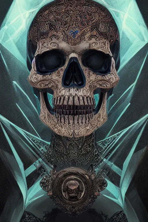 Image similar to concept art skull, the skull is decorated with art deco patterns, close - up portrait, powerfull, intricate, elegant, volumetric lighting, scenery, digital painting, highly detailed, artstation, sharp focus, illustration, concept art, ruan jia, steve mccurry