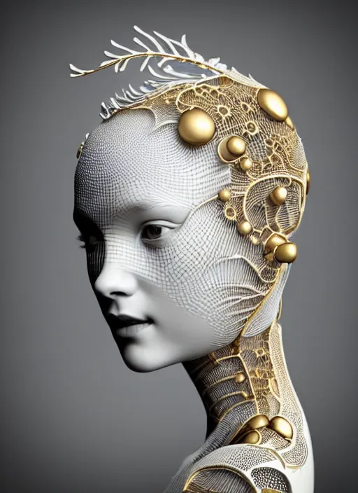 Image similar to complex 3d render ultra detailed of a beautiful porcelain profile woman face, white background, mechanical cyborg, 150 mm, beautiful natural soft light, rim light, studio light, silver gold details, magnolia big leaves and stems, roots, fine foliage lace, mesh wire, intricate details, hyperrealistic, mandelbrot fractal, Alexander Mcqueen haute couture, anatomical, red lips, white metal armor, facial muscles, cable wires, microchip, elegant, octane render, H.R. Giger style, 8k