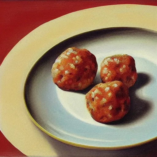 Prompt: painting of pasta and meatballs by rene magritte, hd, 4 k, detailed, award winning