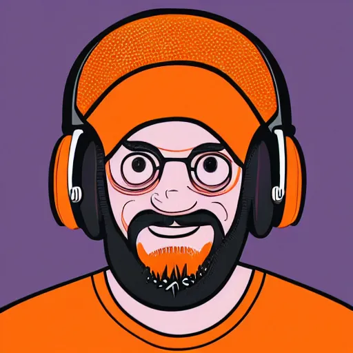 Image similar to middle aged streamer on twitch with black hat, stubble, ginger hair, orange hair, black cap, stubbles, red headphones, in the style of jeremiah ketner, art, abstract