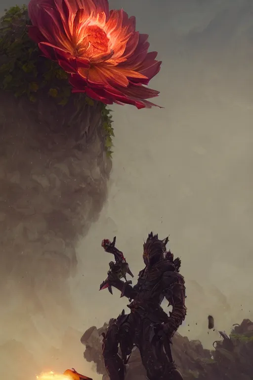 Image similar to a fancy portrait of a giant flower guarded by a worrier by Greg Rutkowski, Sung Choi, Mitchell Mohrhauser, Maciej Kuciara, Johnson Ting, Maxim Verehin, Peter Konig, final fantasy, Marco lense , 8k photorealistic, cinematic lighting, HD, high details, atmospheric , trending on artstation