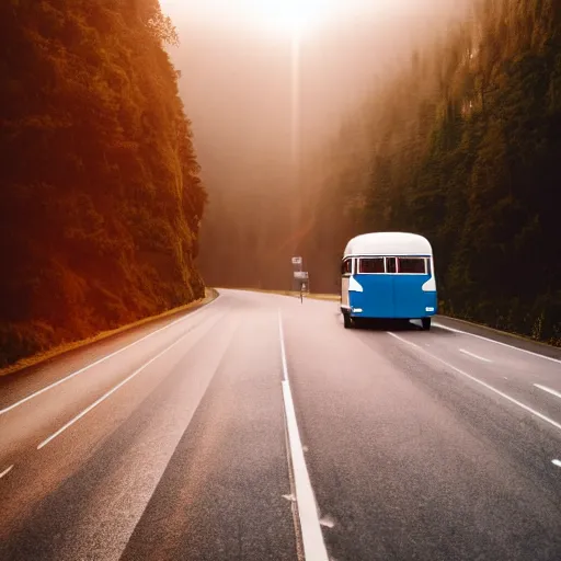 Image similar to white - blue bus on misty highway scene, the sun shining through the mountain peaks