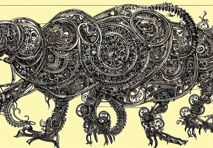 Image similar to schematic blueprint of highly detailed ornate filigreed convoluted ornamented elaborate cybernetic rat, art by da vinci