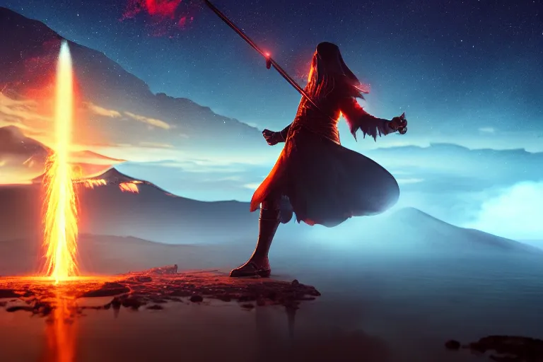 Image similar to levitating wizard wielding a sword, opening a shining portal, night sky, horizon of an erupting volcano, 4 k, ultra realistic, detailed, epic lighting, high detail, masterpiece, trending on artstation