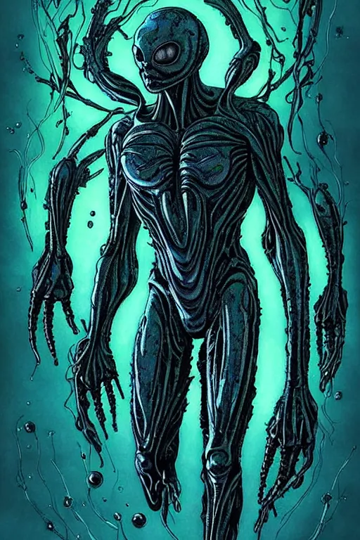 Image similar to Alien, with transparent skin, visible internal, looks like sea creatures, luminous body, floating in the void like the watcher marvel comics or dc comics guardians mixed with swamp thing. Artstyle like alexander mcqueen, anthony chong jones, yoji Shinkawa, Marc Simonetti, Mike Mignola, jae lee, Marc Silvestri, Todd mcfarlane+ full body image with head, Symmetry, dark illustration, cinematic unreal engine, hypermaximalist, symmetrical, detailed, intricate ink illustration, 8k, HD