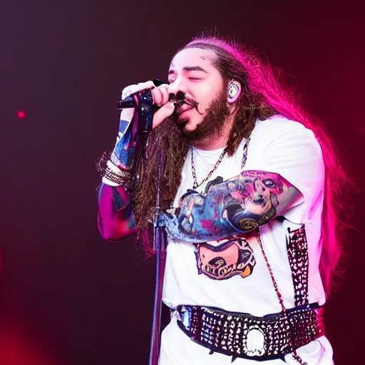 Image similar to post Malone dressing up as a cat girl, photograph on stage