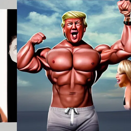 Image similar to extremely buff Donald Trump, steroids, testosterone, lifting weights, laughing, surrounded by women in swimsuits, trending on artstation, hyper realistic, golden hour