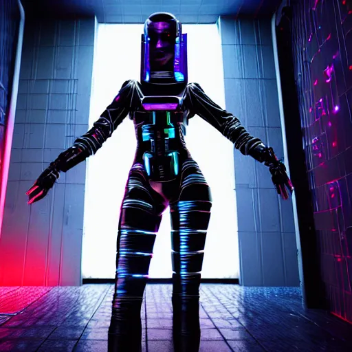 Prompt: An hyperrealistic epic comic painting of a cyber warrrior girl wearing futuristic fashion behind a wall of matrix, sci-fi, black and silver color combination, heavy rainning at future sci-fi tokyo street night, neon ligh, DAZ, 8k, unreal 5 engine render, cosplay, RPG portrait, dramatic lighting, low keys light, rim lights, PS5 render