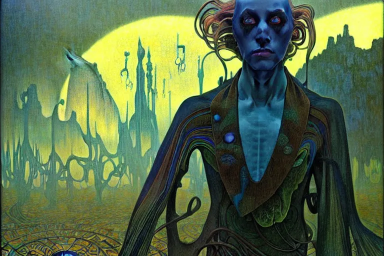 Image similar to realistic extremely detailed portrait painting of an elegantly creepy vampire man in cape, futuristic sci-fi landscape on background by Jean Delville, Amano, Yves Tanguy, Alphonse Mucha, Ernst Haeckel, Edward Robert Hughes, Roger Dean, rich moody colours, blue eyes