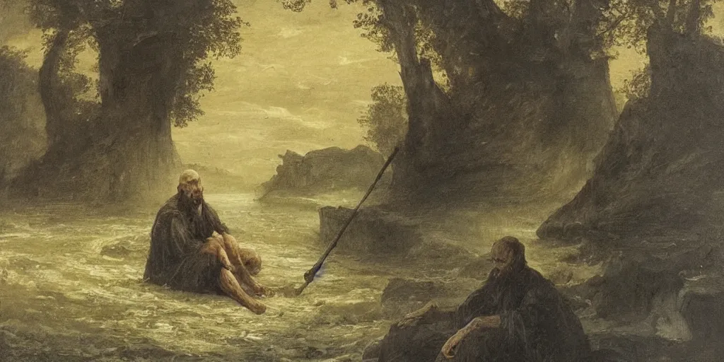 Image similar to a man sits at the edge of a river in the underworld waiting for the ferryman charon, beksinksi