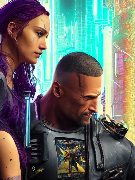 Prompt: a cyberpunk 2077 portrait of Dwayne Johnson holding a female android dancer with tango pose,complex mess of cables and wires behind them connected to giant computer, love moive,film lighting, by laurie greasley,Lawrence Alma-Tadema,William Morris,Dan Mumford, trending on atrstation, full of color,face enhance, highly detailed,8K, octane,golden ratio,cinematic lighting