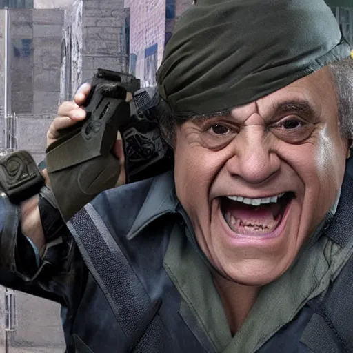 Image similar to danny devito as solid snake from metal gear solid