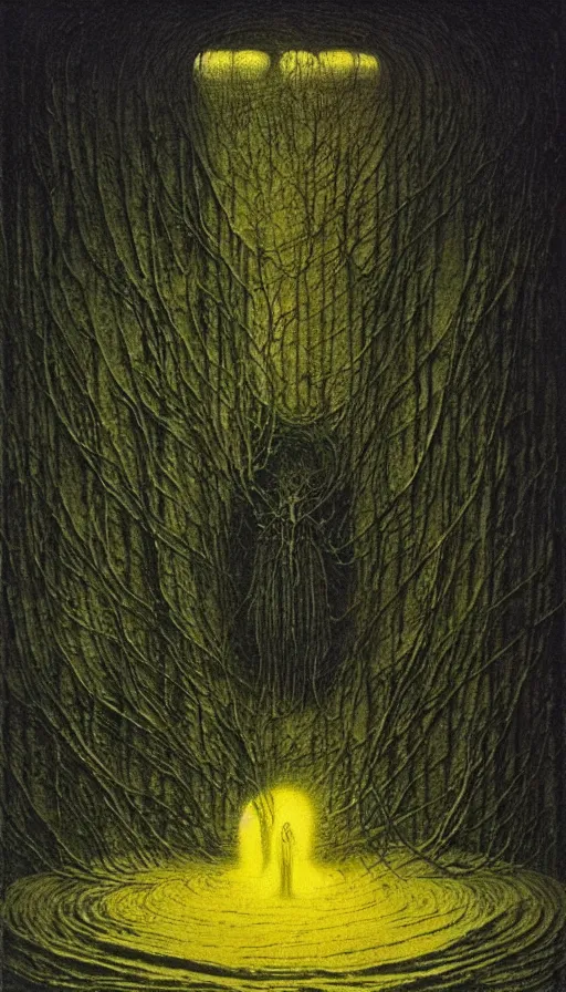 Image similar to forbidden knowledge, madness, the eldritch king in yellow by beksinski, tarot card, strange frames, ghibli