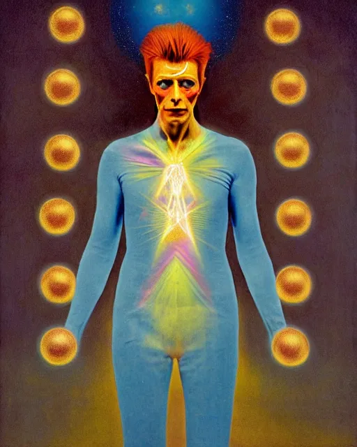 Image similar to david bowie as a ziggy stardust levitating and surrounded by transcendental light by jean auguste dominique ingres by agnes pelton, luminous orbs, labyrinthine, mystical