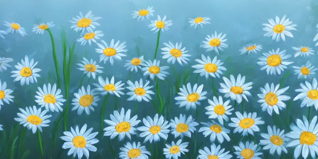 Image similar to light blue daisies on bottom half of painting, matte painting, white background