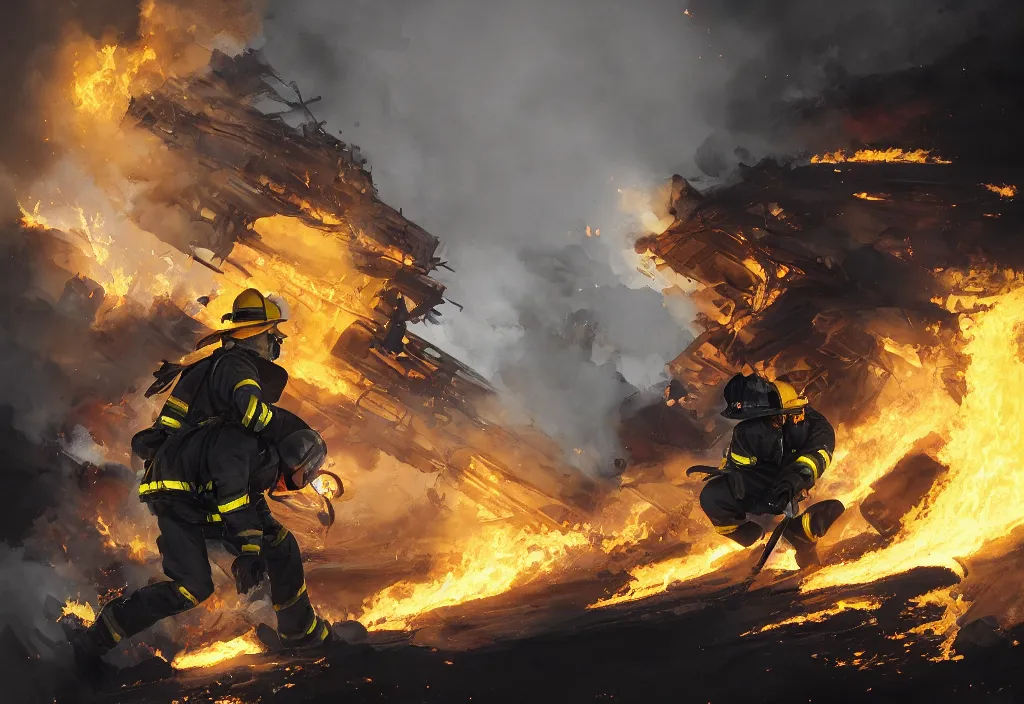 Image similar to heroic firefighter in action in black and yellow uniform, fire flames, sharp details, sharp focus, elegant, highly detailed, illustration, by jordan grimmer and greg rutkowski and pine ( ハイネ ) and 薯 子 imoko and 香 川 悠 作 and wlop and maya takamura, intricate