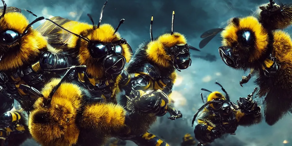 Image similar to Bumblebees going to war, realistic 4k octane beautifully detailed render, 4k post-processing, highly detailed, intricate complexity, epic composition, magical atmosphere, cinematic lighting, masterpiece, ultra hd