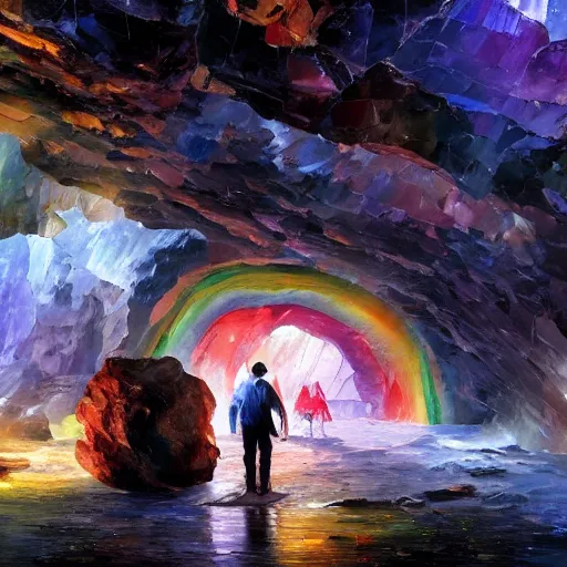 Image similar to A huge cave full of rainbow color crystals and gems on the ground, and stuck to the walls made of huge grey boulders, very dark, midnight, oil painting by Afremov and Greg Rutkowski.