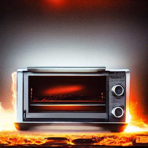 Image similar to toaster oven hangig by metallic cables, symmetry, dark messy smoke - filled cluttered workshop, dark, dramatic lighting, orange tint, sparks, cinematic, highly detailed, sci - fi, futuristic, movie still