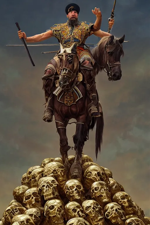 Image similar to an accurate image of a Ukrainian muscular cossack standing on a pile of skulls as a winner, masculine figure, D&D, fantasy, intricate, elegant, highly detailed, extremely detailed, digital painting, artstation, concept art, matte, sharp focus, symmetrical, illustration, art by Artgerm and Greg Rutkowski and Alphonse Mucha