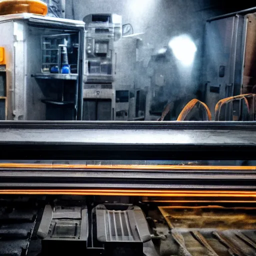 Image similar to line of toaster oven mecha heads on conveyor belt, dark messy smoke - filled cluttered workshop, dark, dramatic lighting, orange tint, sparks, cinematic, highly detailed, sci - fi, futuristic, movie still