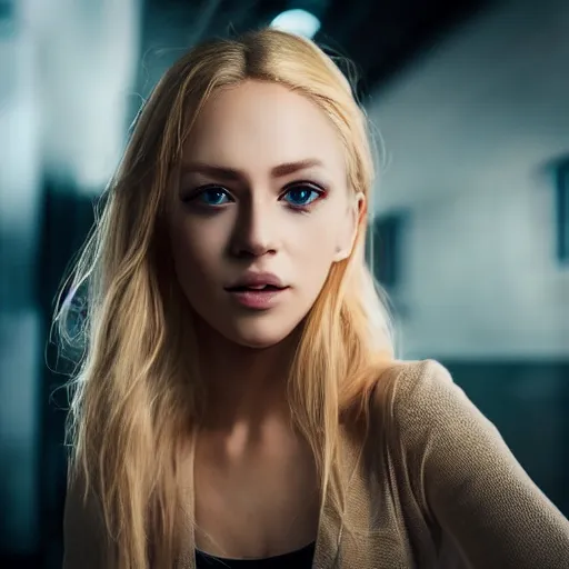 Prompt: full body shot of a beautiful blond girl with human face and cyborg body, cute - fine - face, pretty face, realistic shaded perfect face, fine details, 8 k, shallow depth of field, moody lighting, cinematic lighting,