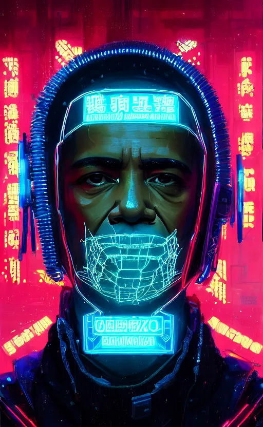 Image similar to detailed portrait obama, cyberpunk futuristic neon, reflective puffy coat, decorated with traditional japanese ornaments by ismail inceoglu dragan bibin hans thoma greg rutkowski alexandros pyromallis nekro rene maritte illustrated, perfect face, fine details, realistic shaded, fine - face, pretty face