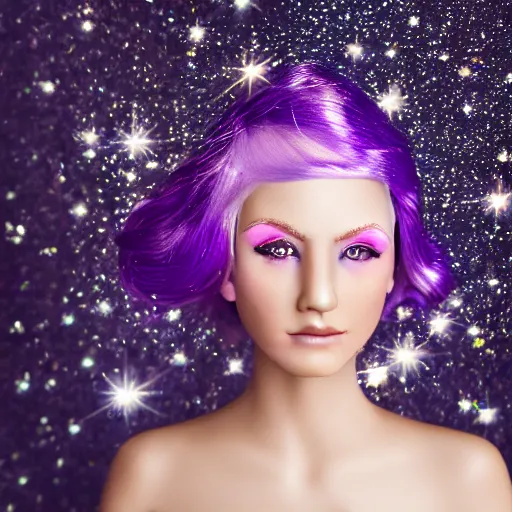Image similar to girl with silver-violet hair, white eyes and golden glittery dress, wide lens, diorama, 4k,