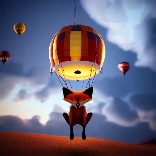 Image similar to anthropomorphic fox in the hot air balloon at night, clouds around, unreal engine, octane render, dramatic lighting, digital art, ,