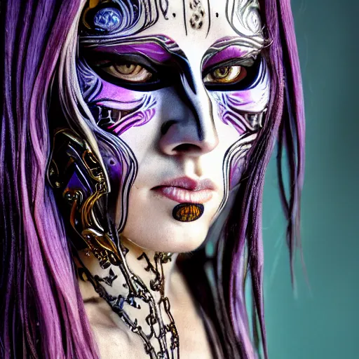 Prompt: an award finning closeup facial portrait by akseli kallen gallela luis rogyo and john howe of a bohemian female cyberpunk traveller clothed in excessivelyg fashionable 8 0 s haute couture fashion and wearing ornate art nouveau body paint