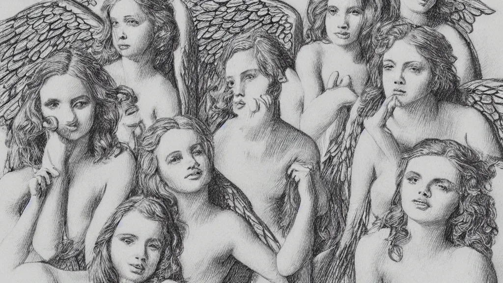 Prompt: a group of angels Crosshatching drawing