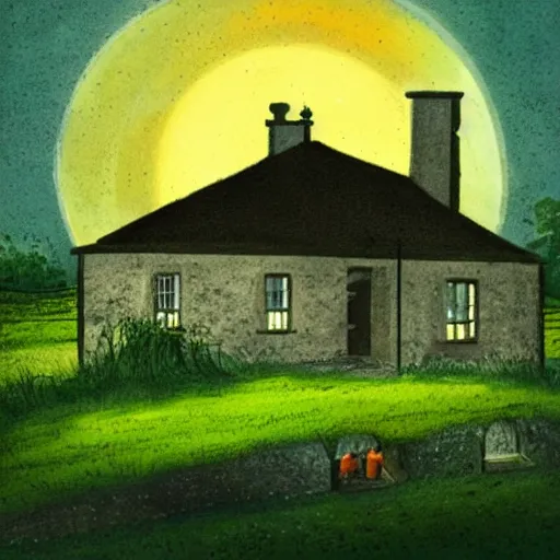 Prompt: beautiful illustration of a small homestead in rural Ireland at night