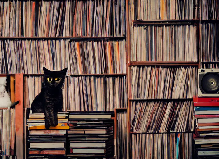 Image similar to photography of a Cat sitting on a pile of books and vinyls. a record player is in the shot. in a room full of vinyls and posters out of the 70's, photorealistic, raining award winning photo, 100mm, sharp, high res