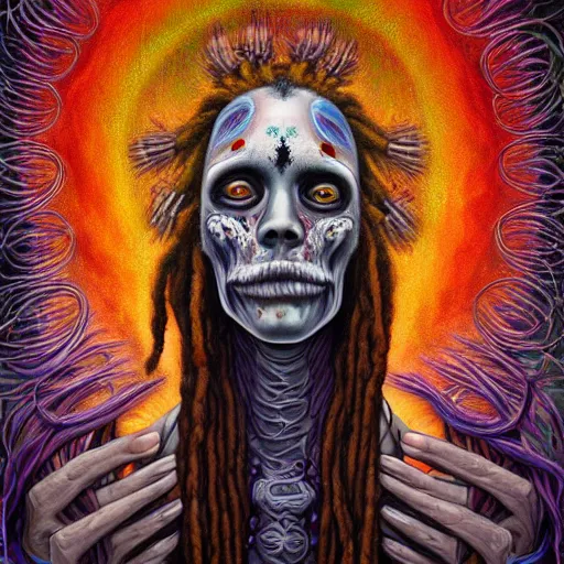 Image similar to the awakening of santa muerte with colorful dreadlocks, by anton semenov, alex grey, and amanda sage in a surreal psychedelic style, oil on canvas, dark and menacing, 8k hd,