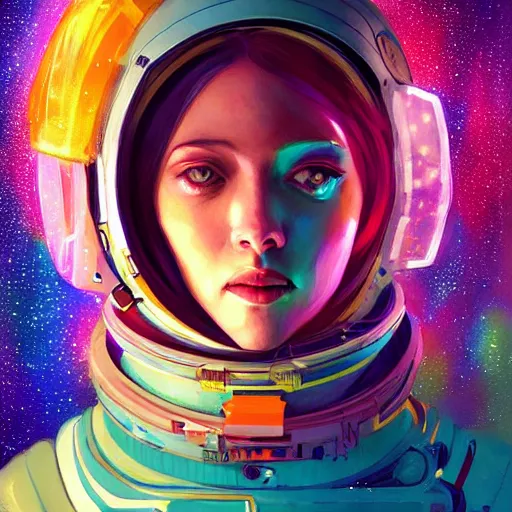 Image similar to colorful character portrait a woman in a space suit among the stars, set in the future 2 1 5 0, highly detailed face, very intricate, symmetrical, cinematic lighting, award - winning, painted by mandy jurgens, pan futurism, dystopian, bold colors, cyberpunk, groovy vibe, anime aesthetic, featured on artstation