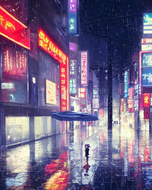 Image similar to realist digital painting of a tokyo street, night with neon signs as the main source of light, raining and lights reflecting off puddles on the street, a woman with an umbrella is walking away from us, unreal engine, hyper realism, realistic shading, cinematic composition, realistic render, octane render, detailed textures, photorealistic, ultrawide shot, 3 5 mm film