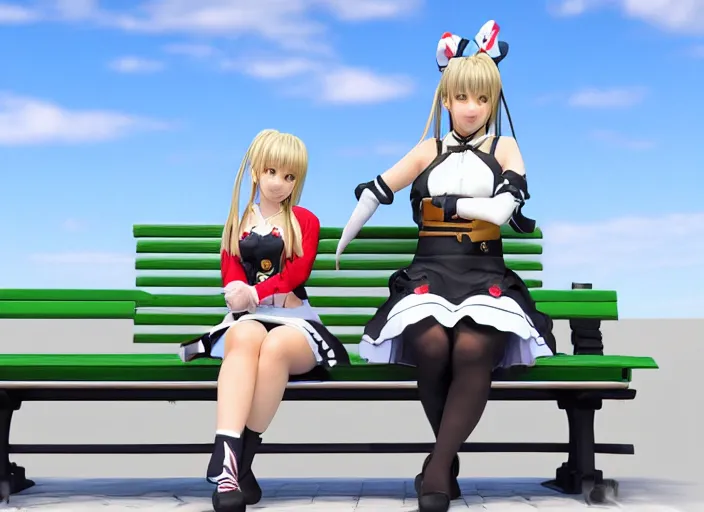 Image similar to 3D render of Marie Rose from Dead or Alive sitting on a park bench