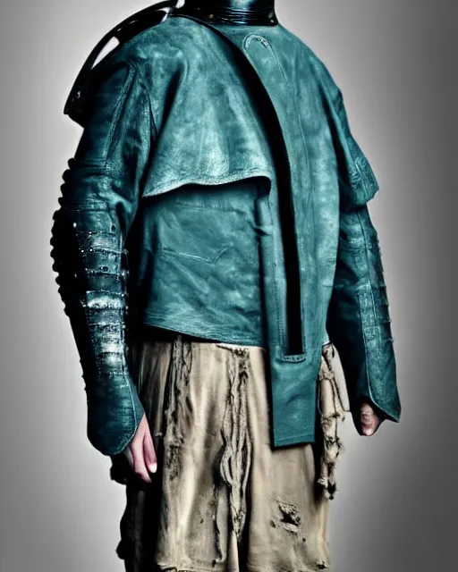 Image similar to an award - winning photo of a ancient male model wearing a plain baggy teal distressed medieval designer menswear moto jacket slightly inspired by medieval armour designed by kanye west, 4 k, studio lighting, wide angle lens