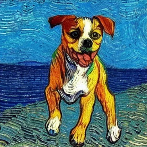 Prompt: a painting of a puppy walking on the mediterranean sea shouting help by van gogh