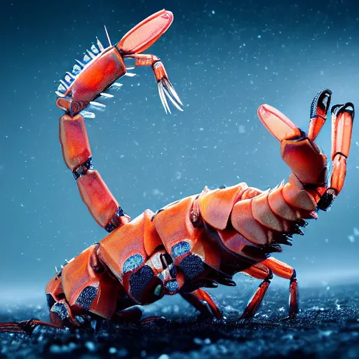 Image similar to a robotic shrimp, god, evil, villain, studio, studio background, sharp focus, dynamic lights, still, photograph, hyper realistic, masterpiece, digital, octane render, rendered, 3 d, blender, 3 d software, cinematic, cinematic lighting, dramatic lighting, dramatic, highly detailed, intricate details, texture, slime, cinematic composition