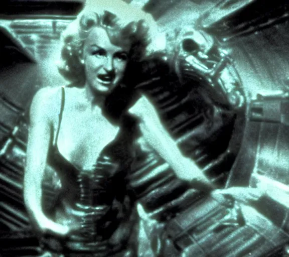 Image similar to a movie still of marlin monroe in the movie alien running from a xenomorph, fear, led lights, panic