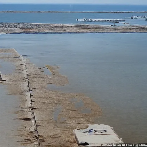 Prompt: the water levels along the coast are seen to be drastically receded, with ships stuck on the sand and docks a good distance away from the water, implying mass drainage of the oceans by the combine.