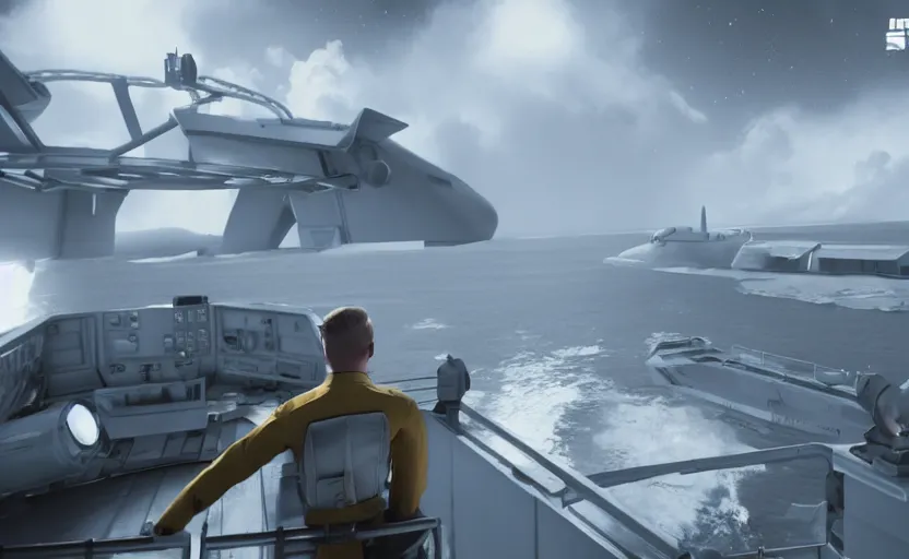 Image similar to Captain Kirk on the bridge of the USS Enterprise, unreal engine, ray tracing, 8k, realistic, universe