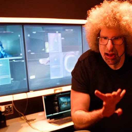 Image similar to obese Howard Stern wearing a headset yelling at his monitor while playing WoW highly detailed wide angle lens 10:9 aspect ration award winning photography by David Lynch esoteric erasure head