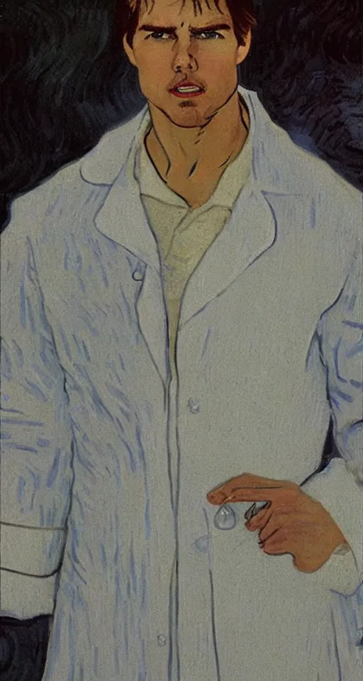 Image similar to Tom Cruise in white lab coat by Van Gogh